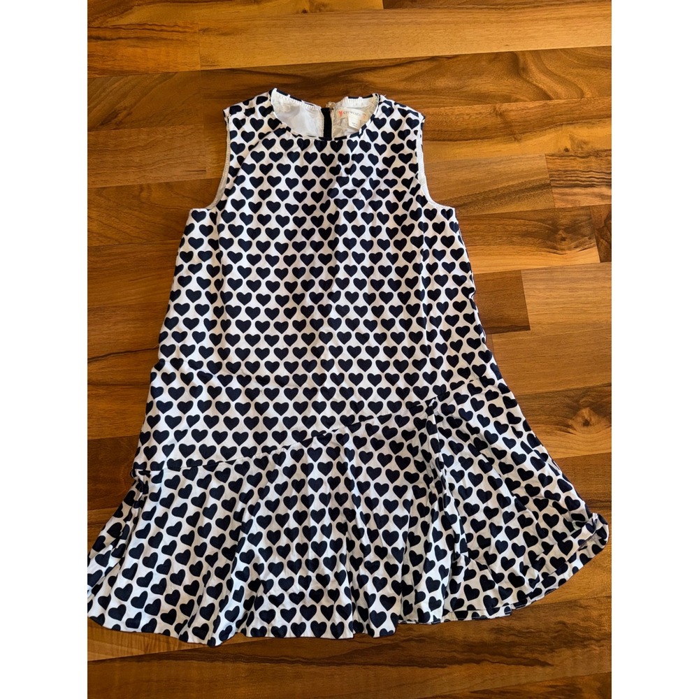 Crewcuts Heart Print Dress Kids Size 5 Navy White Drop‎ Waist Sleeveless ruffle